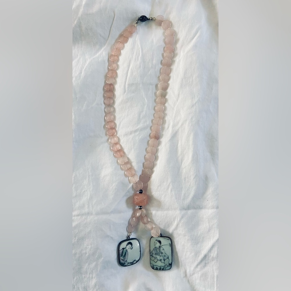 Rose Quartz Necklace w/ Silver & Japanese Porcelain Pendants Early 1900’s